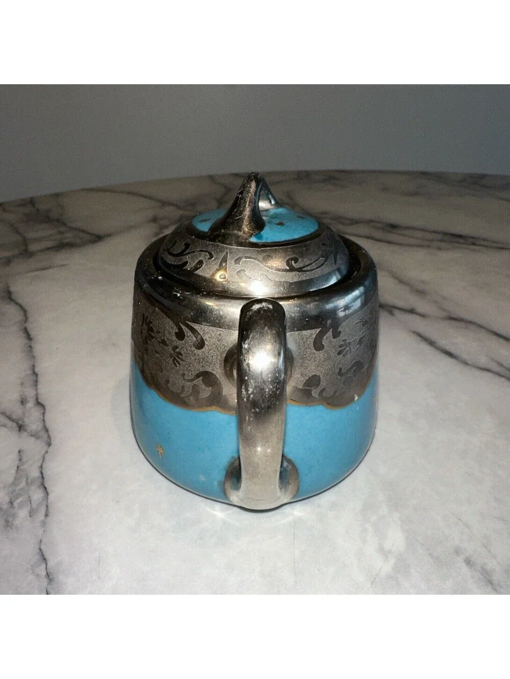 Brauer Hand Painted Lidded Sugar Bowl vintage Silver Chrome Gold Blue Art Deco